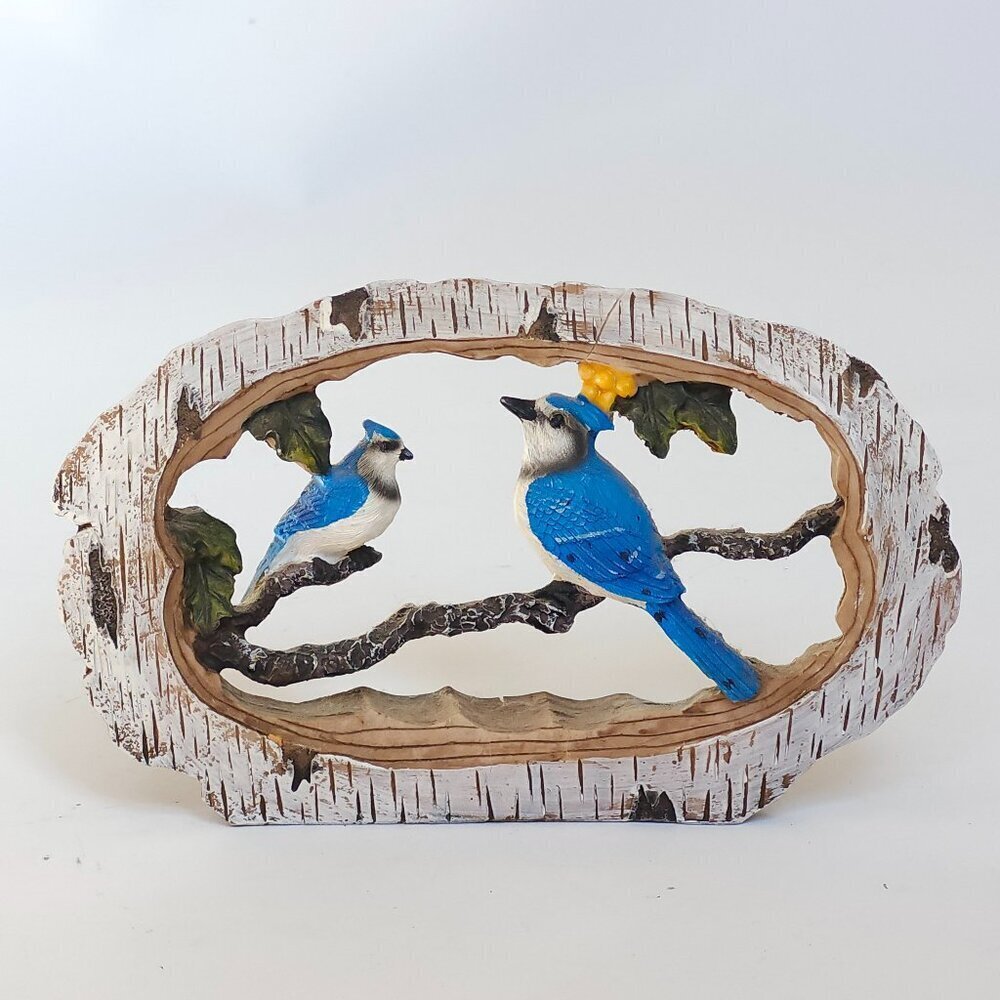 LOVELY BLUE JAYS in Birch Carved Wood Look Figurine Free Standing